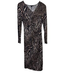 Lafayette 148 Dress Size 6 Brown Black Tiger Print‎ Long Sleeve Ruching Stretchy
